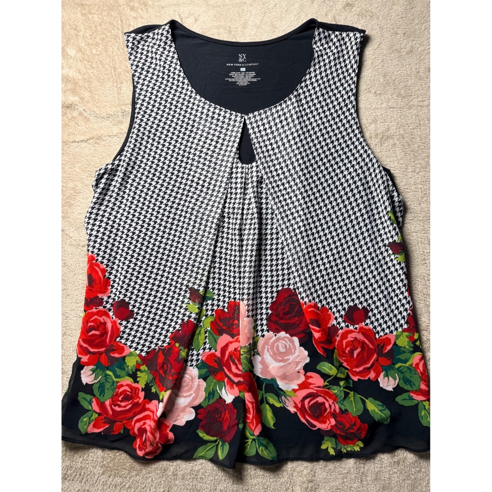 New‎ York & Company Womens XL Houndstooth Floral Keyhole Top Feminine Layering